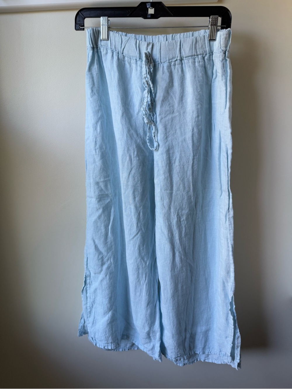 MEO MELI Wide Leg Linen Pull On Pants Coastal Beachy Cropped Italy Pastel Blue S